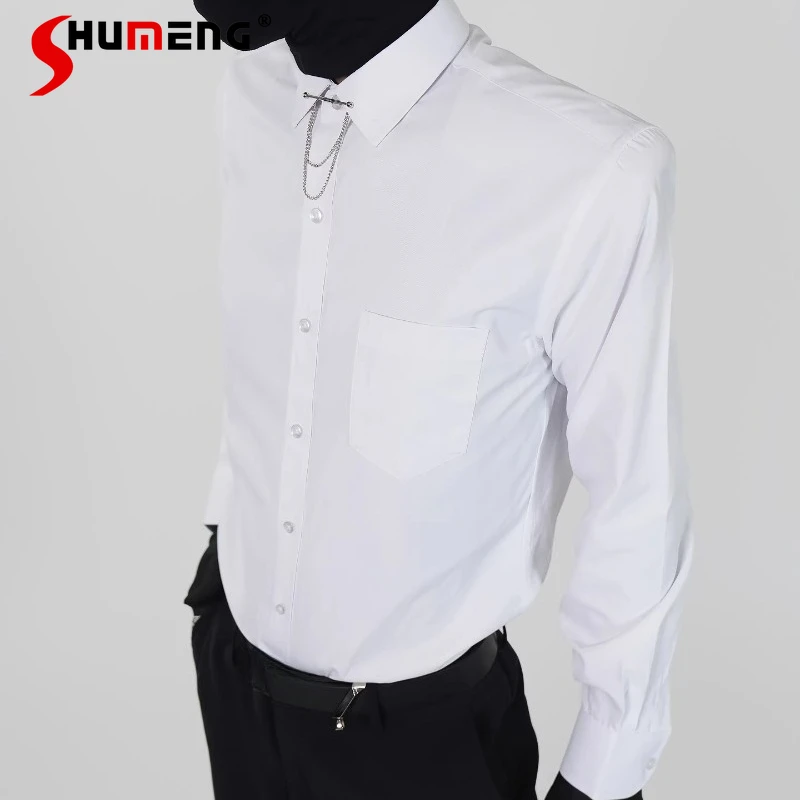 

Men's 2025 Four Seasons Wear New Simple Versatile Chic Top Long Sleeve Lapel Shirts Pocket Decoration Solid Color Slimming Shirt