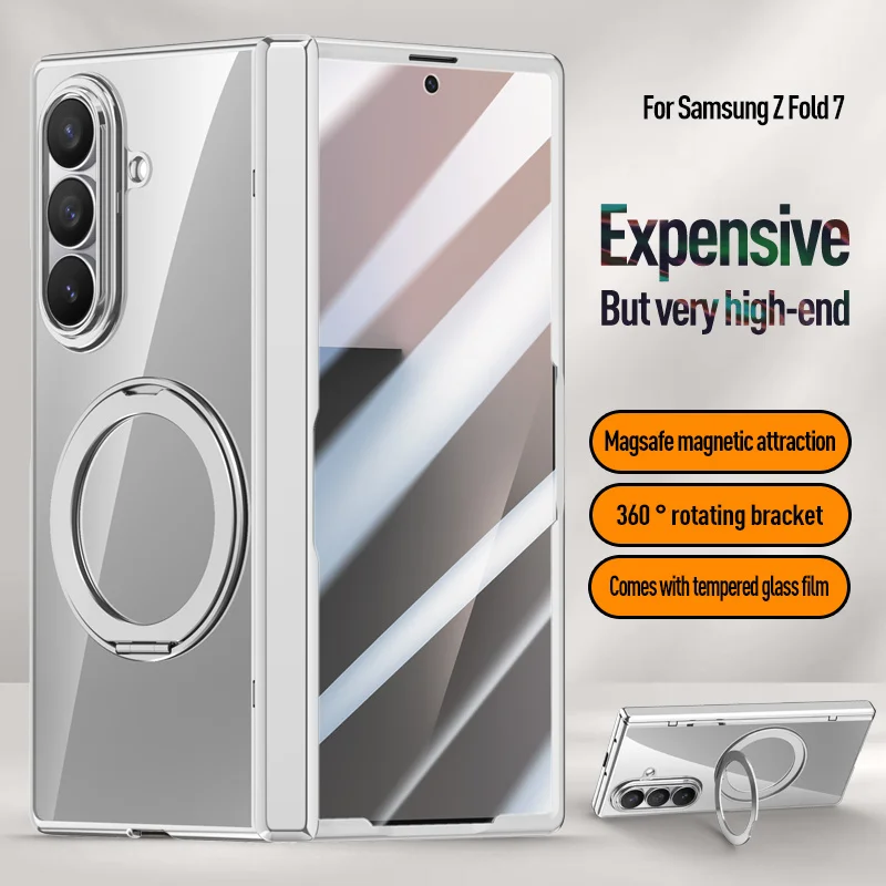 

For Samsung Galaxy Z Fold 7 Phone Case 360° Swivel Bracket Magnetic Tempered Glass Film Magsafe Transparent Plated Frame Cover