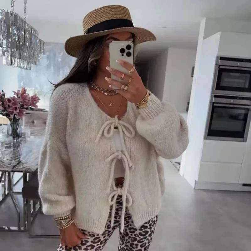 

Women's Autumn/Winter Top Sweater Coat Tie Plain Color Cardigan Round Neck Knitted Simple Comfortable Casual Design Soft Niche