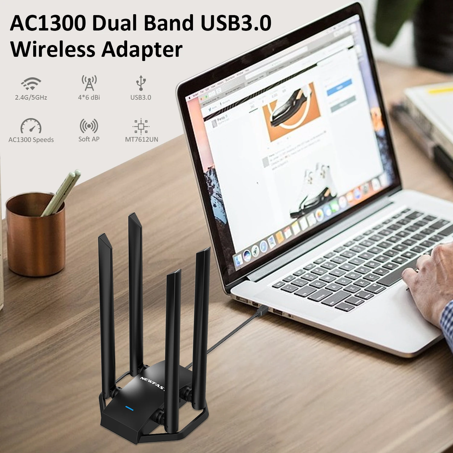 COMFAST 1300Mbps Wifi Usb Adapter 5G+2G Kali Linux Dongle Network Card 4 Antena Para PC Adaptador Cle Lan Laptop Receiver Win7 8