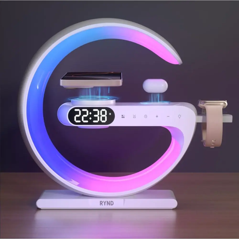 

5-in-1 Magnetic Speaker Alarm Clock, Adjustable Night Light Bed Lamp, White for Family/Friends