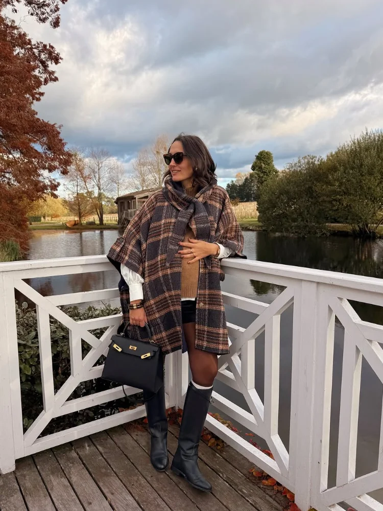 

Women Casual Plaid Lace Up Woolen Coat Fashion Single Breasted Half Sleeve Loose Midi Coats Lady Daily Commute Street Outerwear