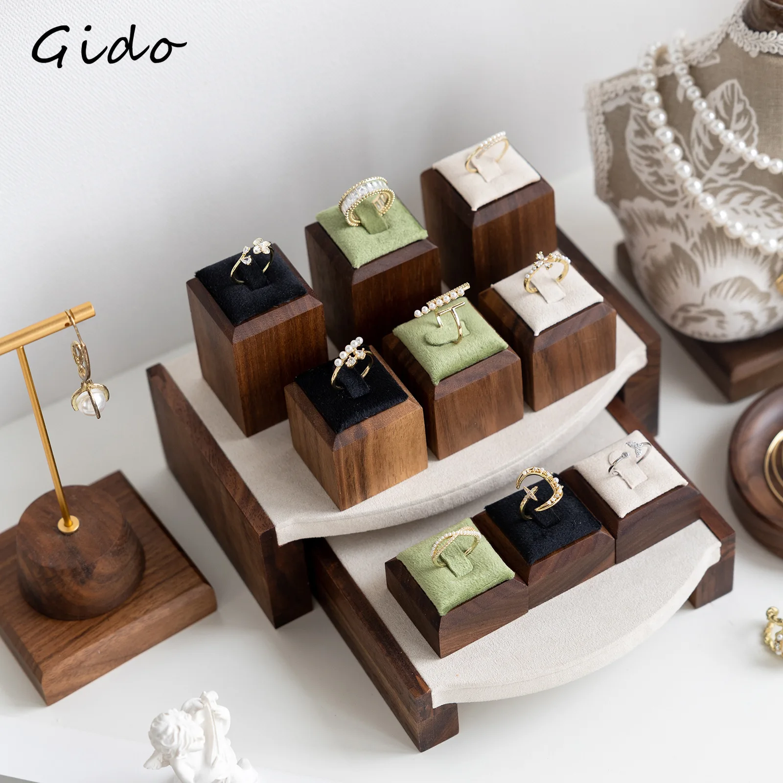 

Подставка для колец из орехового дерева с бархатной поверхностью, держатель для ювелирных изделий, органайзер для фотографий в магазине