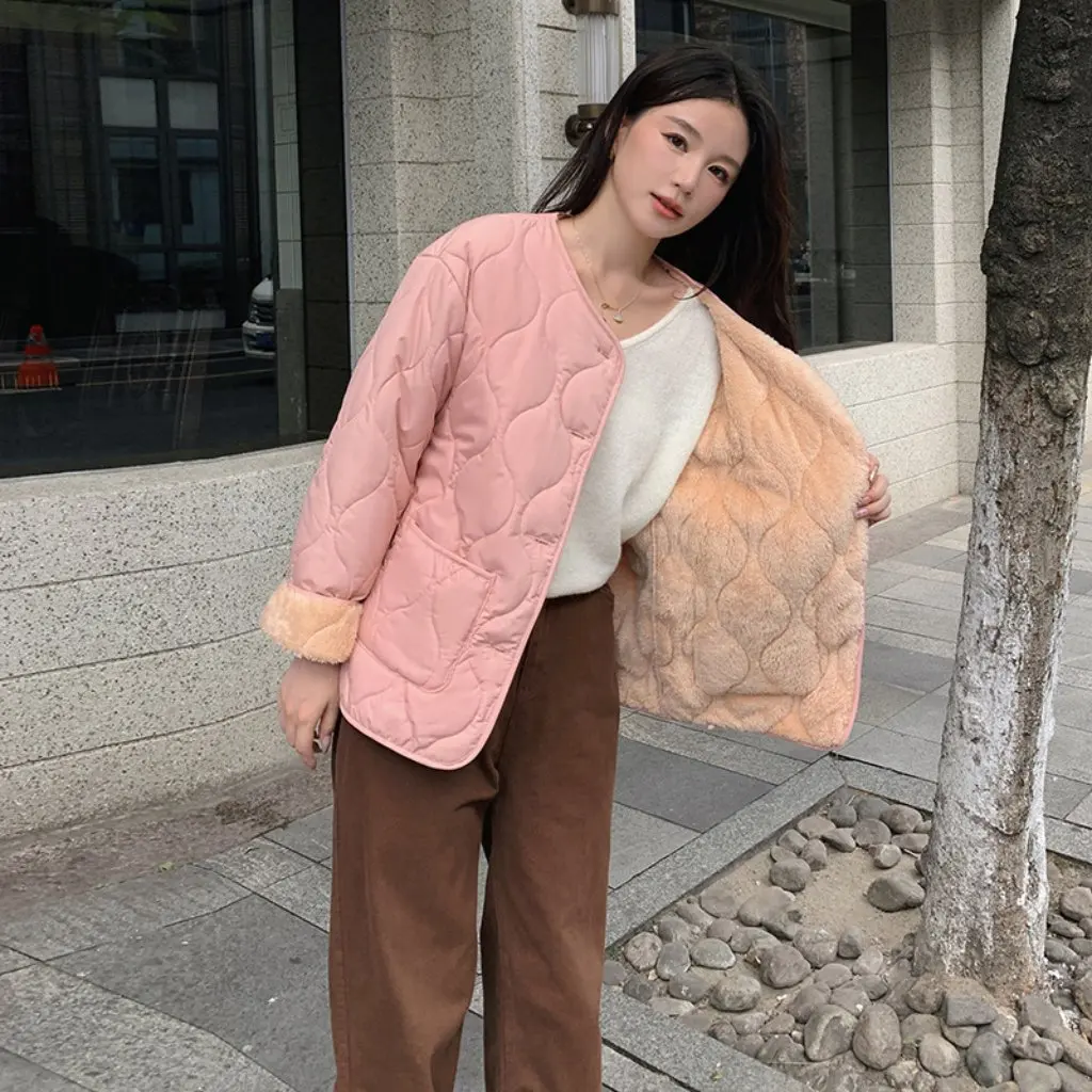 

Women's Thick Cotton-Padded Coat Korean Style round Neck Lamb Fleece Jacket for Autumn Winter Fashionable Outerwear