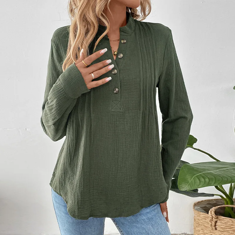 Button V-neck Solid Color Shirt Cross-border New Product Versatile Casual Pullover Shirt for Women