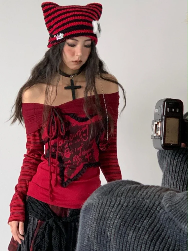 

Y2k Clothes Punk Gothic Off-shoulder Red T-shirt Women Harajuku Vintage Japanese Aesthetic Streetwear Long Sleeve Tops Sexy Tees