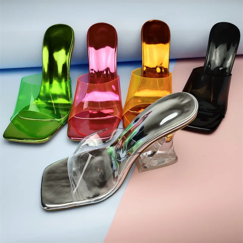 Transparent Sandals Women Square Toe PVC High Heels Summer 2023 New Crystal Designer Sandals Fashion Chunky Heel Sandals