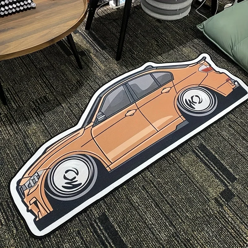 

Soft Cozy Orange Sports Car Shaped Area Mat Washable Non-Slip Faux Imitation Cashmere Mat for Living Room Bedroom or Home Decor