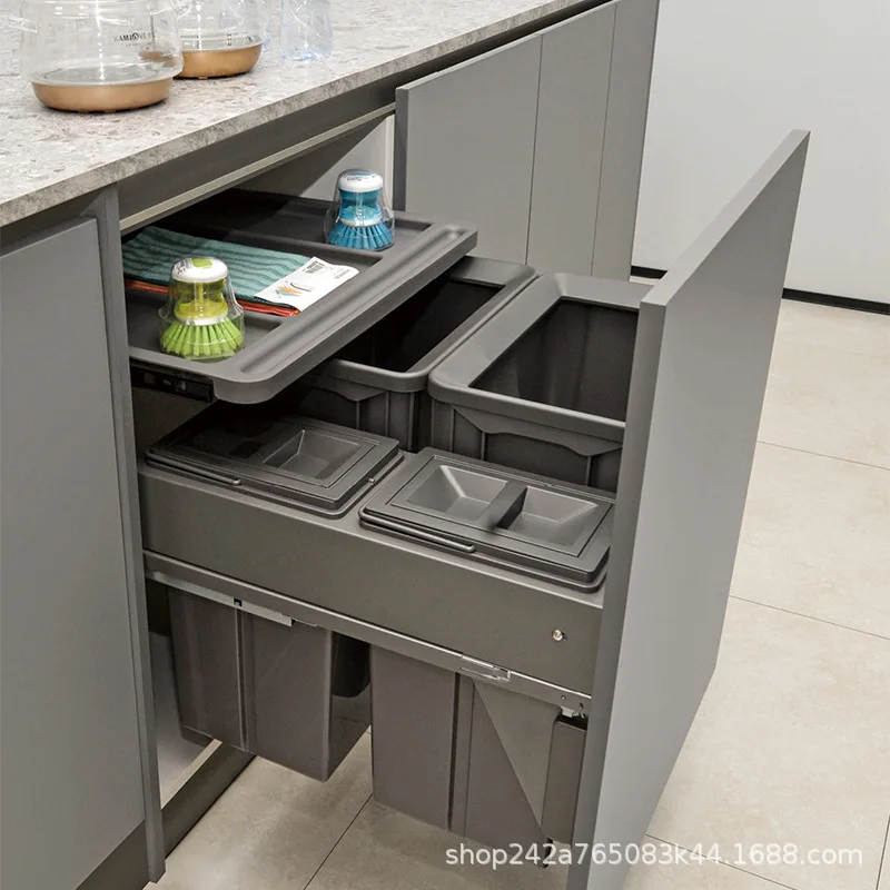 Kitchen cabinet embedded trash can embedded type with lid concealed invisible built-in double bucket classification