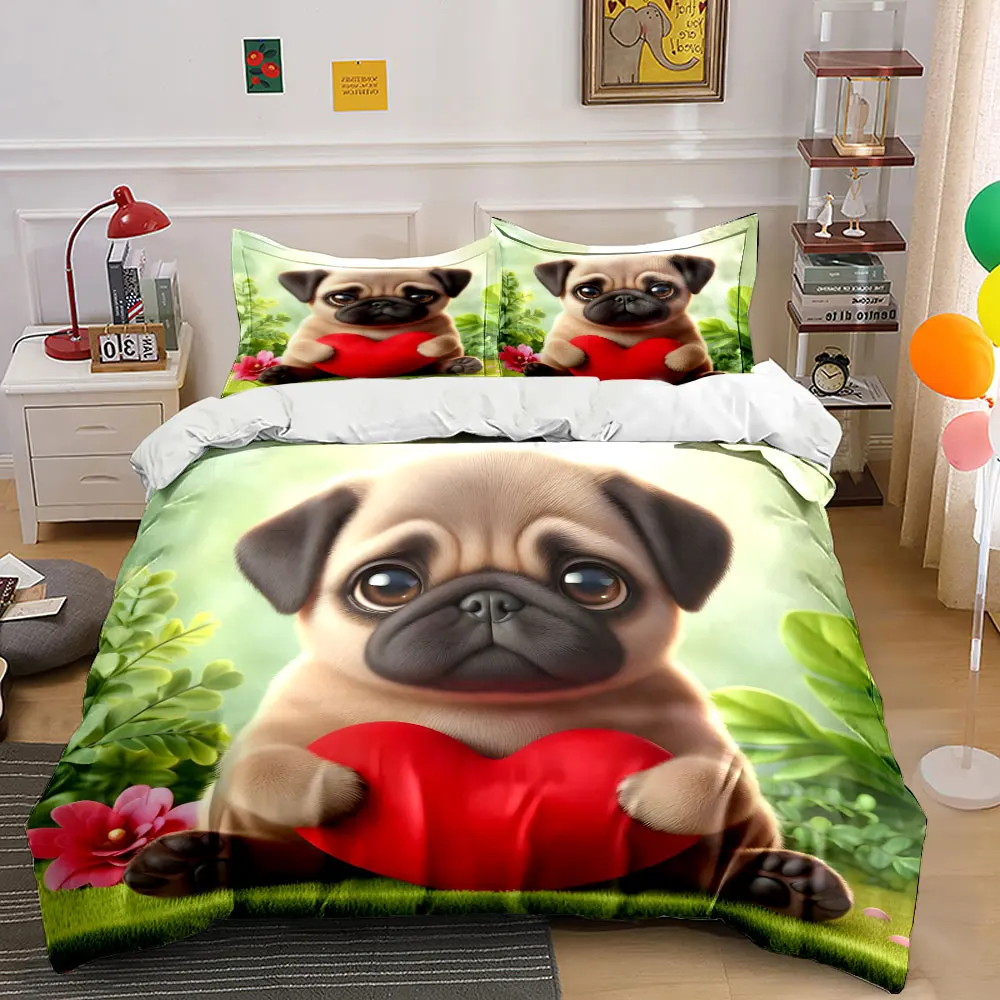 Cute puppy holding red heart Pattern Duvet Cover Set Digital Print Colorful Polyester Bedding with Zipper Closur for kids gifts
