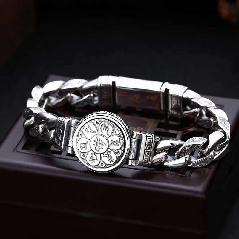 

S925 sterling silver six word truth rotating bracelet male personality retro lovers tank silver chain China-Chic hand jewelry