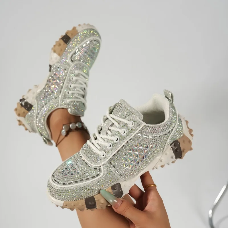 Women's Rhinestone Embellishment Sneakers Women Fashion Anti Slip Mid Heel Shallow Mouth Vulcanized Shoes New Spring and Autumn