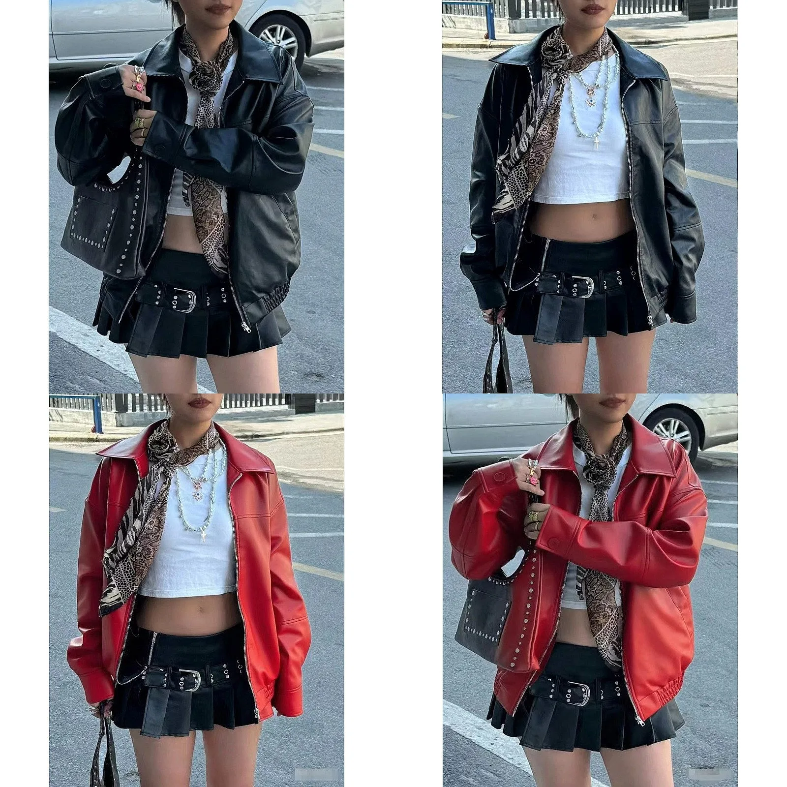 Brown Leather Jacket Windbreaker Motorcycle Coat Oversized Vintage PU Jackets