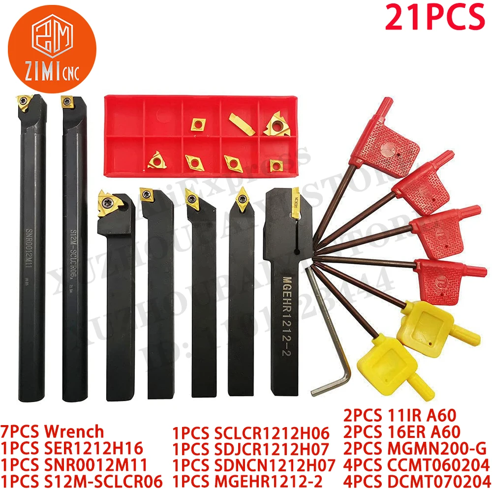 7PCS 12mm Shank Indexable cnc Carbide Lathe Turning Tool Holder + 14PCS Turning Indexable Carbide Inserts CNC tool cutting tools