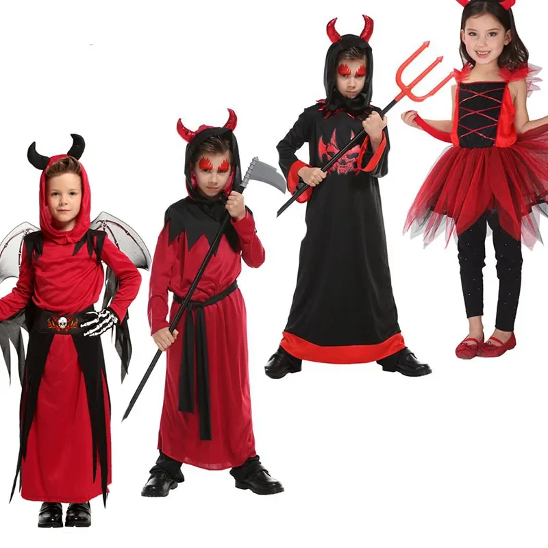 Devil Devilkin Costumes para Crianças, Scary Red Horn, Criança Demônio Cosplay, Vestido extravagante, Robe, Dia das Bruxas, Meninos, Meninas, Criança