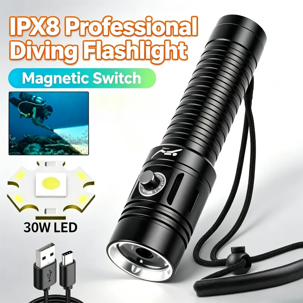 New LED Diving Flashlight Built‑in Battery Rechargeable Professional Long‑Range Torch for Underwater Diving Night Exploration