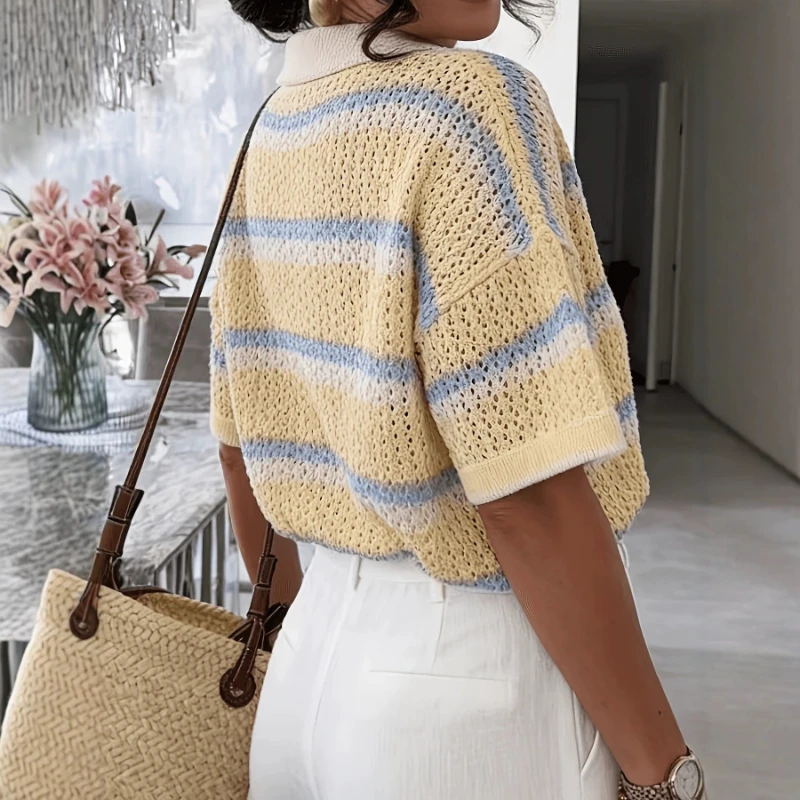 2026 Vacation Style Striped New Summer Hollow out V-neck Polo Casual Half Sleeved Sweater Top for Women