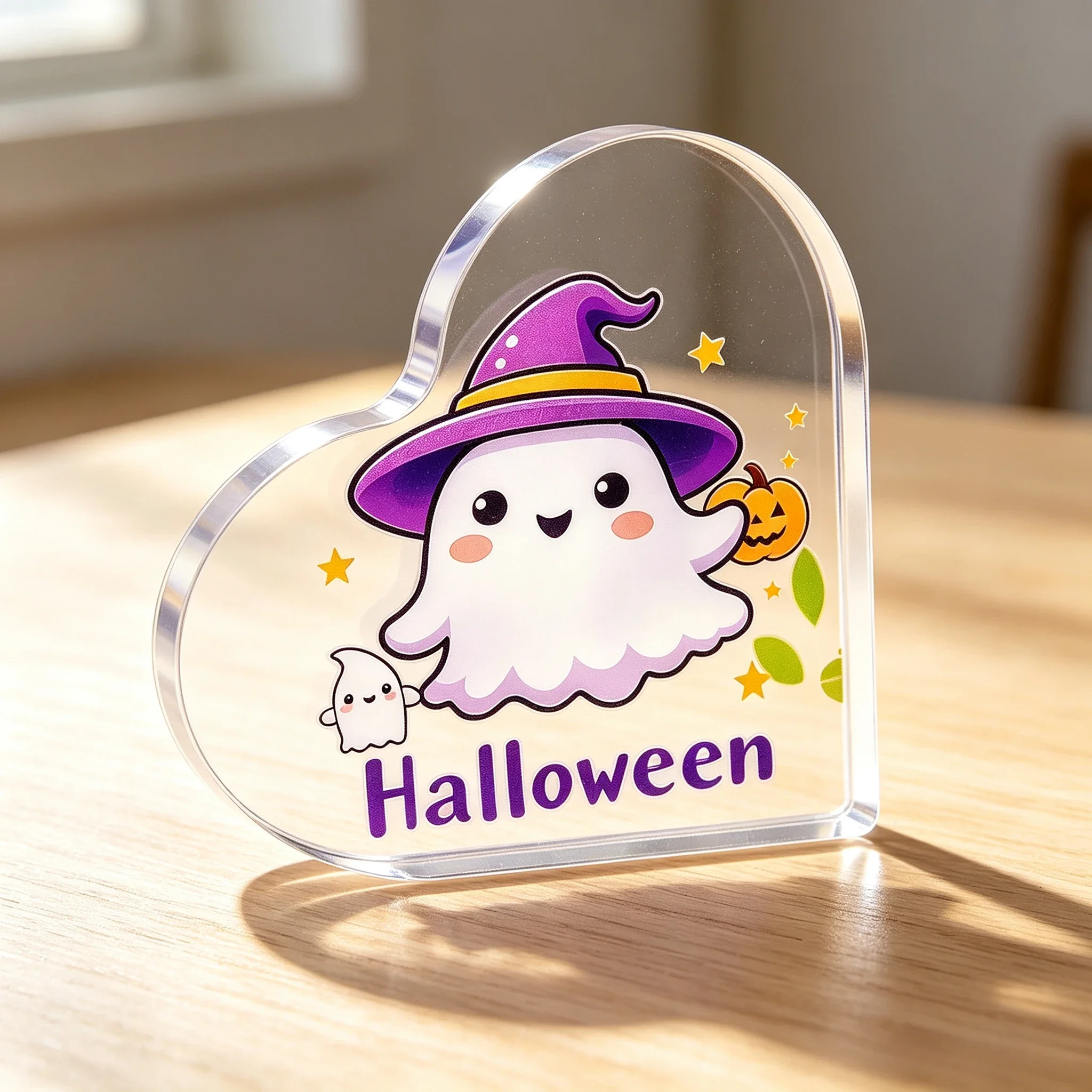Cute Witch Ghost Heart‑Shaped Acrylic Plaque, Pumpkin Star Halloween Table Decor