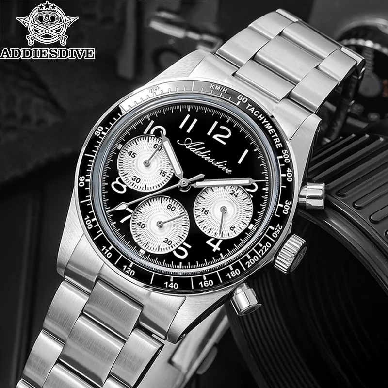 ADDIESDVIE VK63 Relógio Cronógrafo Masculino Pulseira de Nylon Aço Inoxidável 316L 10Bar À Prova D 'Água BGW9 Relógio de Quartzo Super Luminoso AD2517