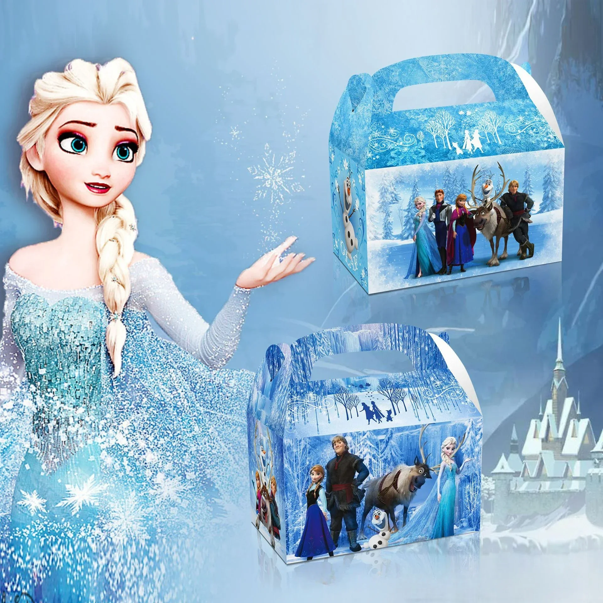 

12PCS Disney Frozen Party Candy Biscuit Tote Box Carton Anime Cute Princess Anna Elsa Print Eco Gift Bag Girls Birthday supplies