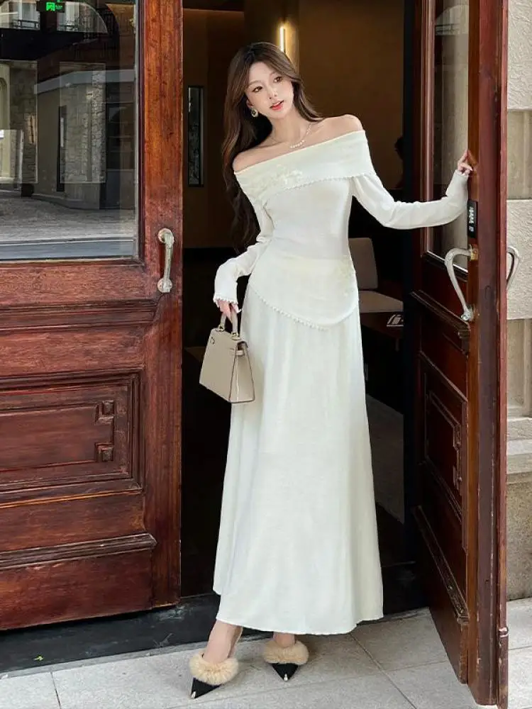 

Осень-зима, женские однотонные трикотажные топы с открытыми плечами и длинными рукавами, асимметричные топы и плиссированная юбка с высокой талией, популярный костюм из двух предметов