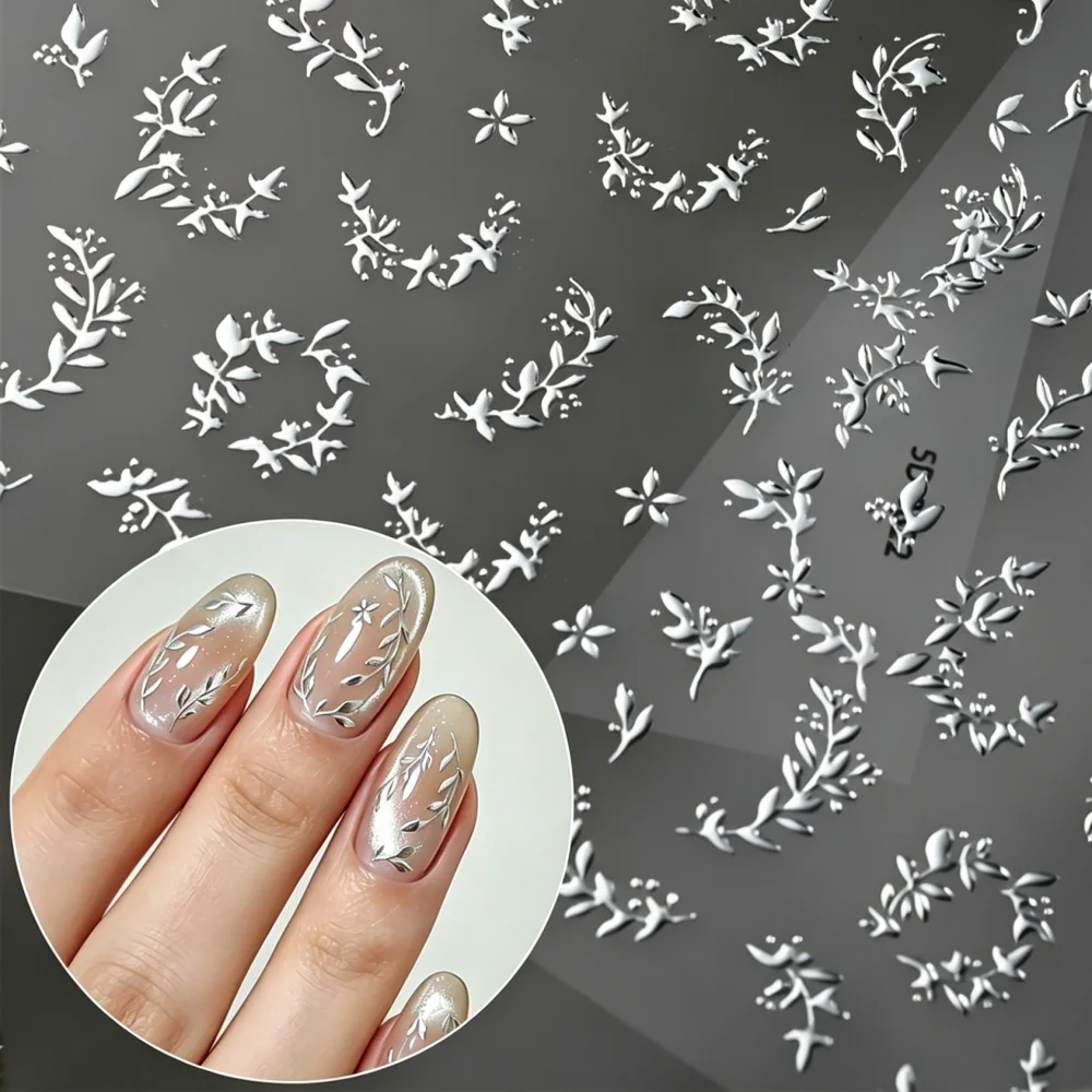 1sheet 5D Metallic Silver Leaf Nail Stickers Mirror Effect Bronzing Floral Vine Nail Art Decals Elegant DIY Manicure Accessories