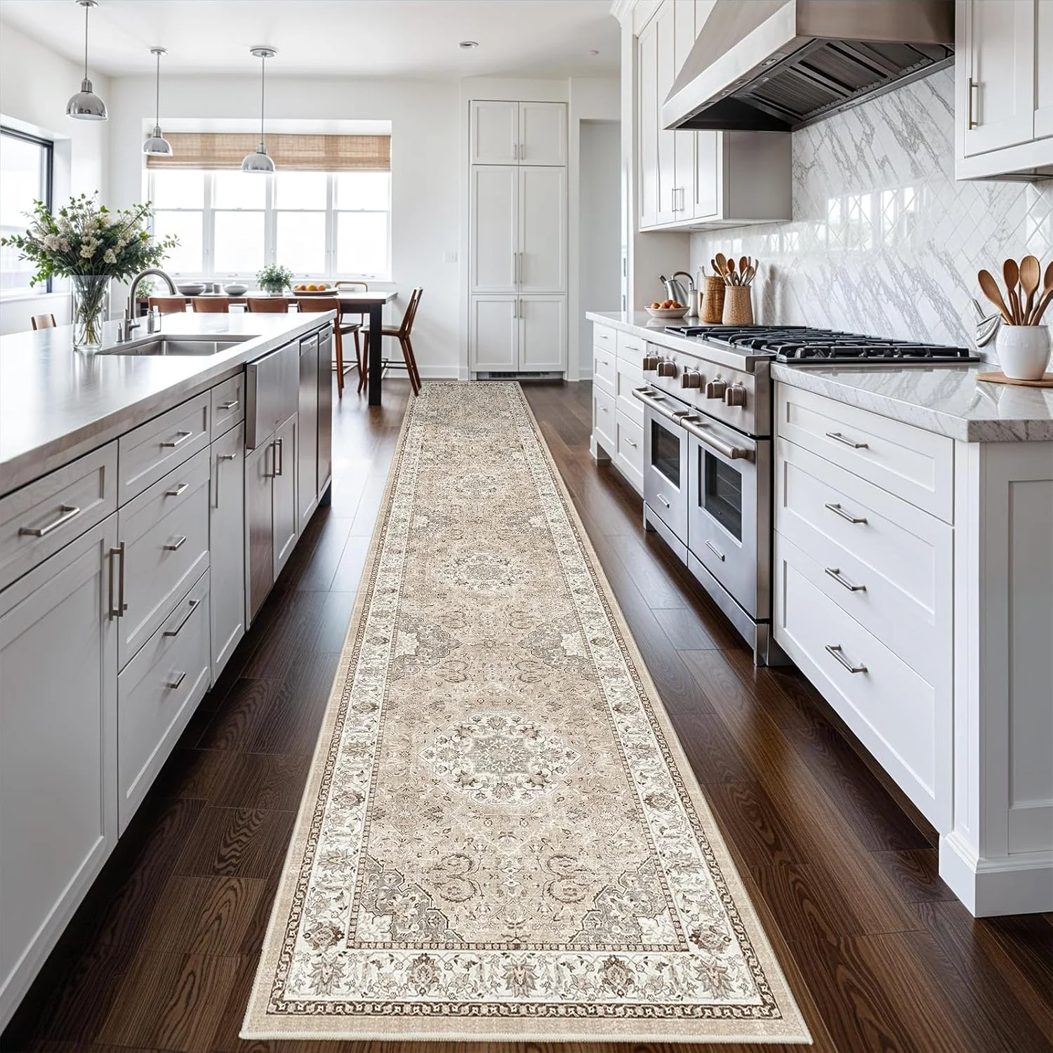 VIKAMA Vintage Medallion Runner Rug Neutral Beige Floral Pattern Non Slip Washable Kitchen Hallway Long Floor Carpet Decor