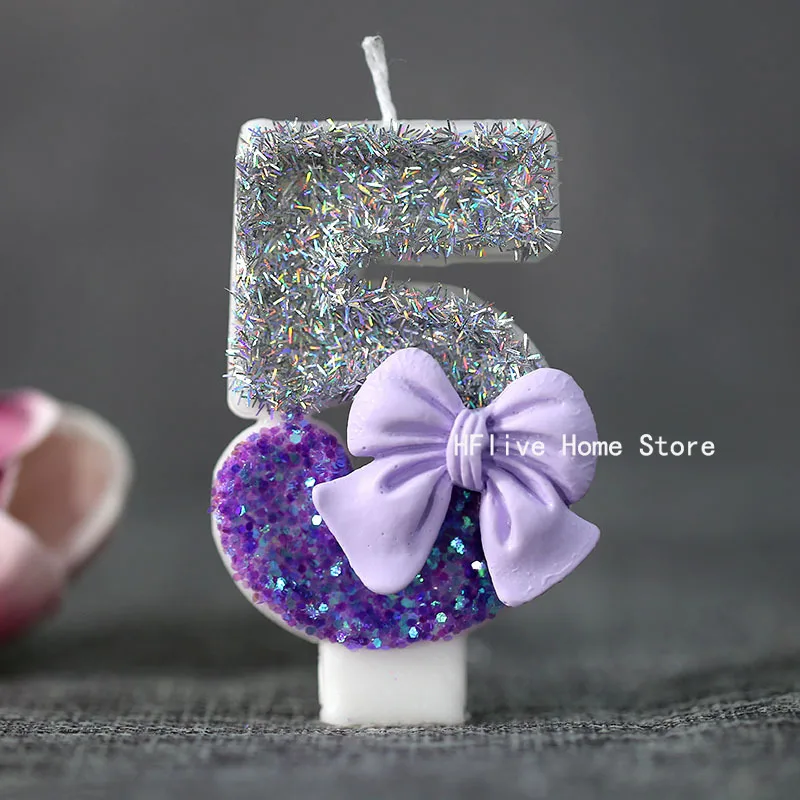 Purple Bow Children's Birthday Candles 0-9 Number Birthday Candles for Girls 1 Year Cake Topper Decoration