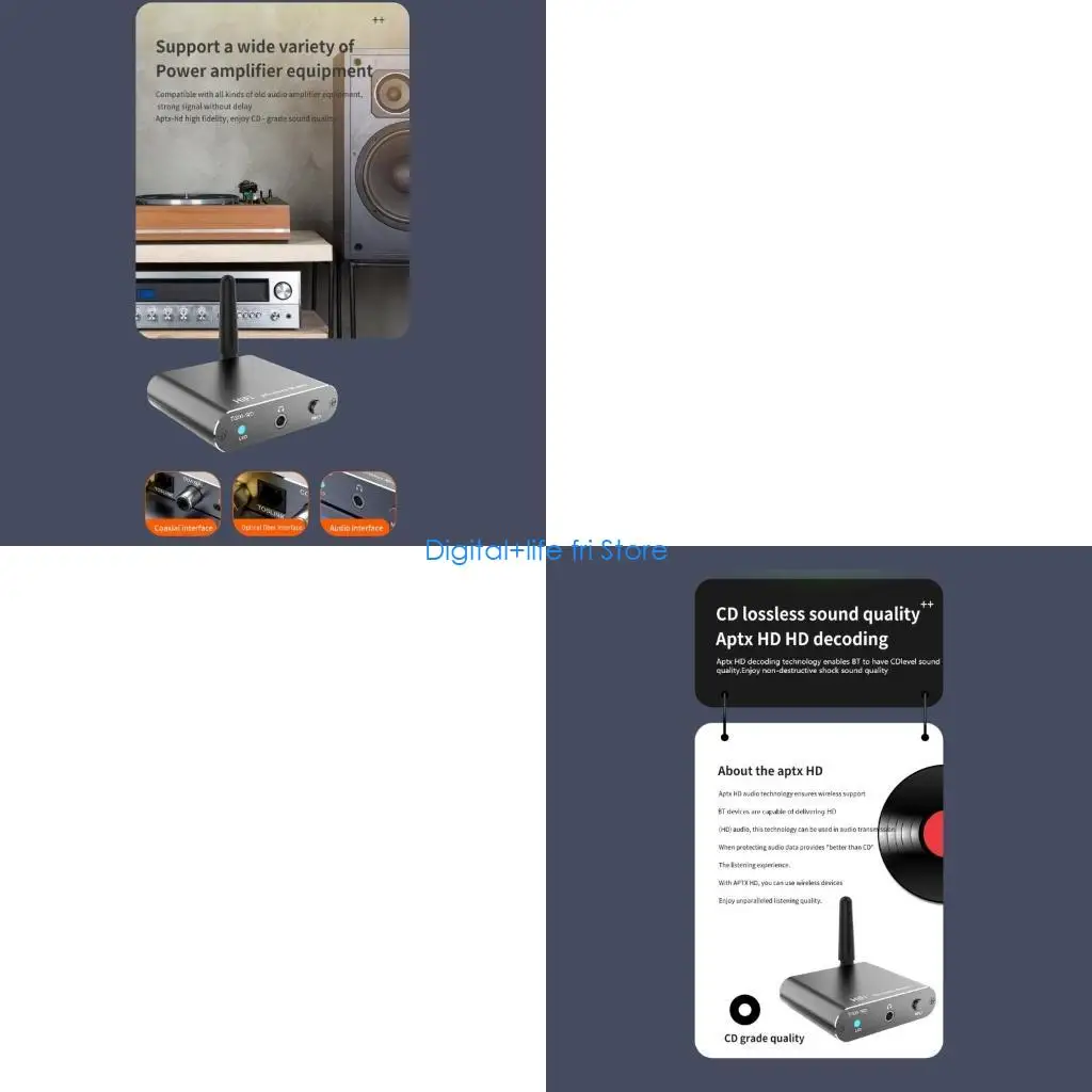 

E06D New D300 Wireless Audio Adapter Bluetooth-compatible 5.2 Receiver CSR Low Latency Aptx-HD Stereo Audio Connector D300