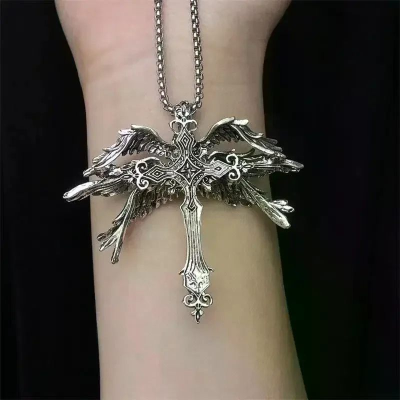 Gothic-Inspired Antique Jesus Wings Cross Necklace for Men and Women; Dark Punk Style, Makes A Great Religious Keychain Gift.