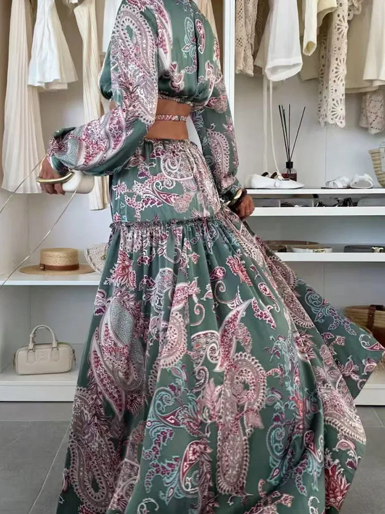 Vintage Pattern Printed Hollow Long Dress New Autumn Sexy V Neck Pleated Bohemian Dress Casual Backless Big Swing Holiday Dress
