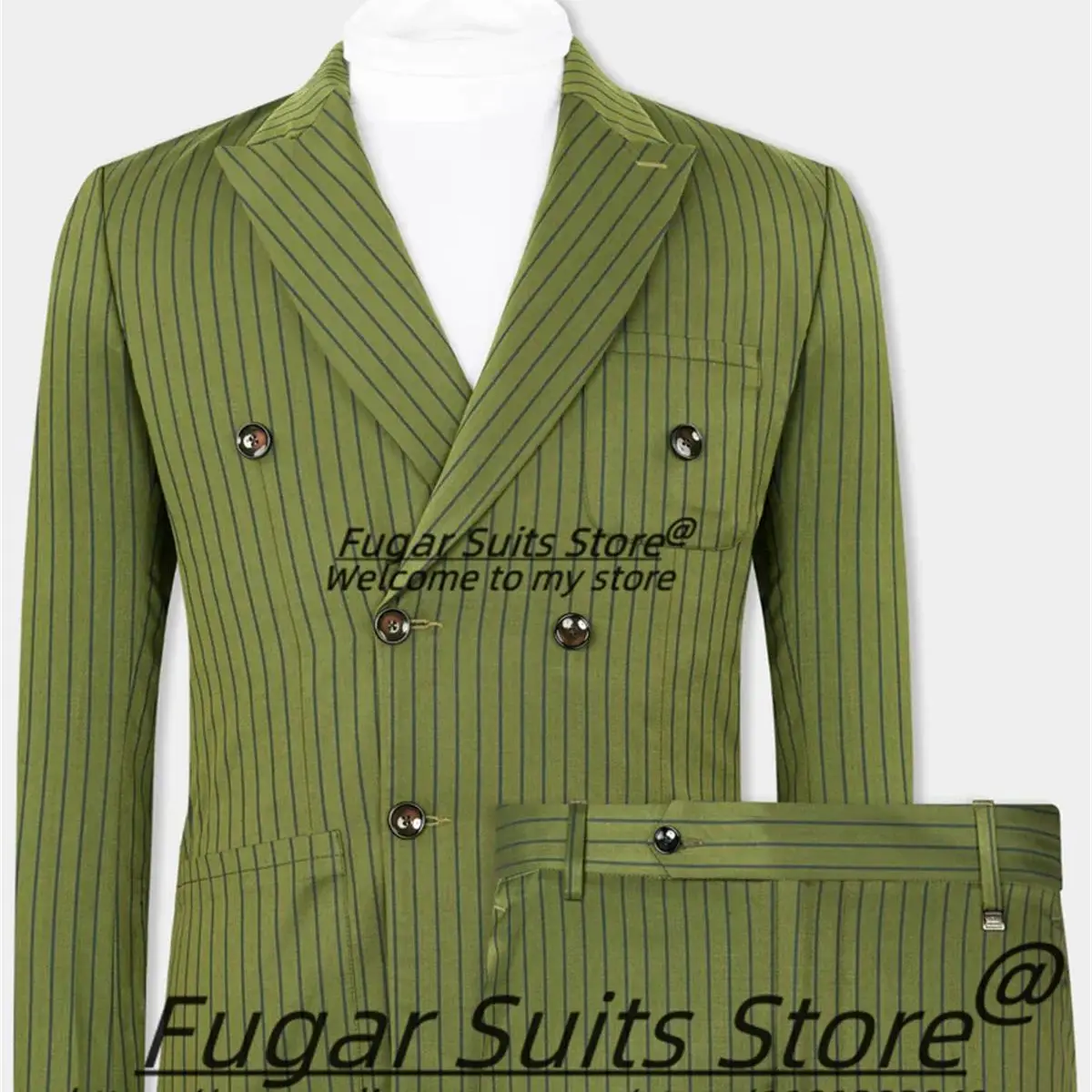 

2024Handsome Green Stripe Fashion Men Suits Slim Fit Double Breasted Groom Formal Tuxedos 2 Pieces Sets traje de hombre elegante