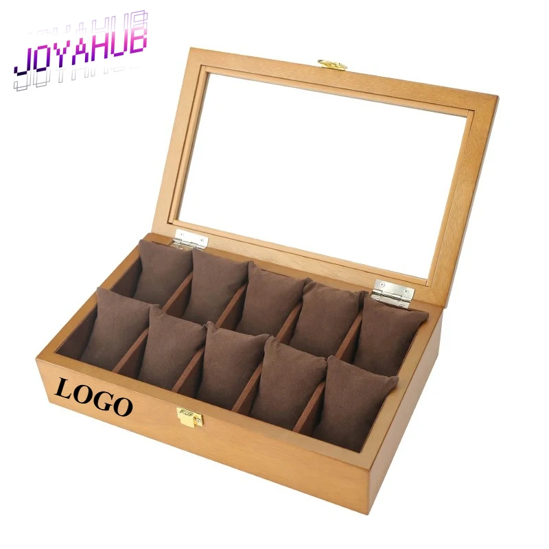 Customized LOGO Elegant Retro Wooden Glass Skylight Watch Jewelry Box Bracelet Ten Grid Display Box Storage Case Gift OEM