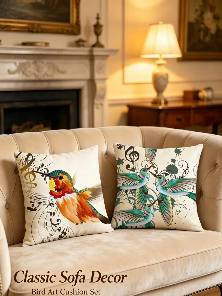 Vintage Hummingbird Music Note Cushion Cover Animal Bird Musical Score Print Pillow Case Home Sofa Bedroom Decor Pillow Cover No