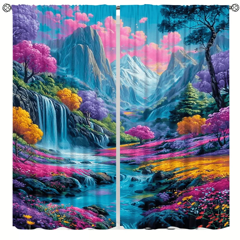 Colorful mountain landscape curtains, installed using pocket rod method, suitable for bedrooms living rooms balconies decoration
