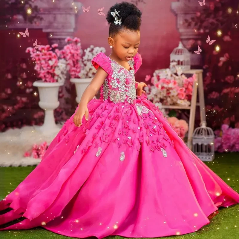 Gaun pesta ulang tahun anak perempuan, gaun pesta ulang tahun pertama motif bunga Fuchsia kristal Tulle lengan pendek