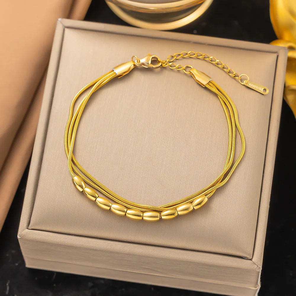 316L Stainless Steel New Fashion Fine Jewelry Minimalism 3-Layers 3 Colors Bead String Charm Chain Bracelets For Women