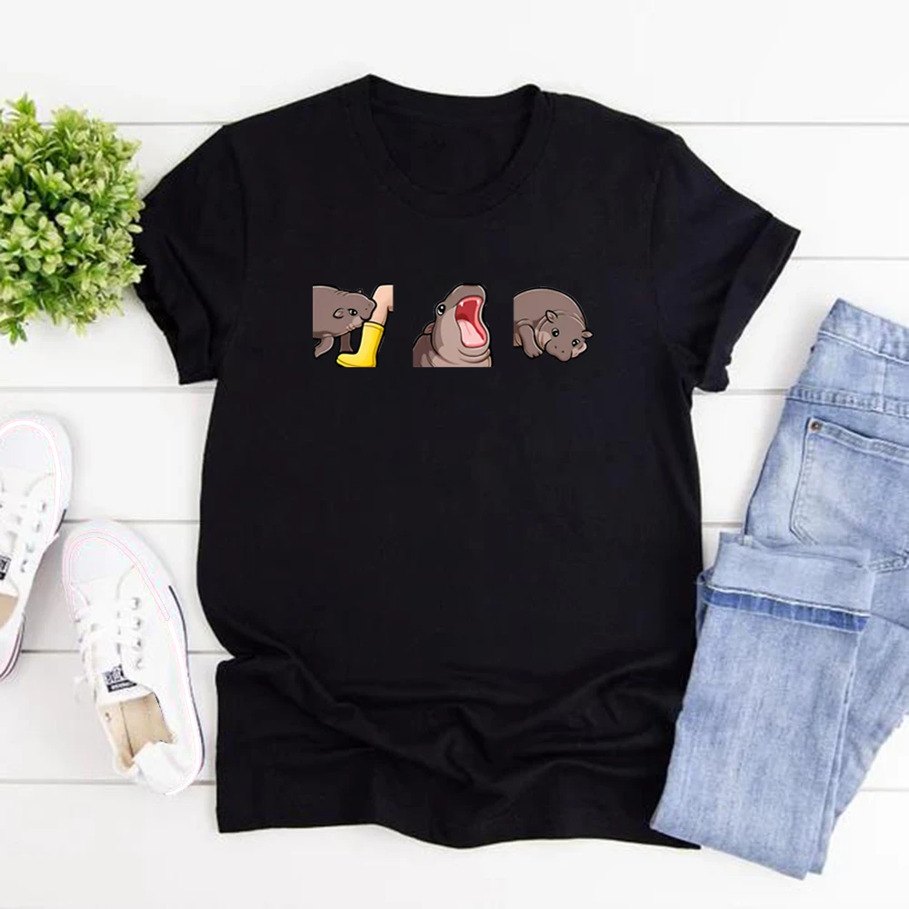 Moo Deng T Shirt Funny Baby Hippo Moo Deng T-shirts Cute Baby Pygmy Hippo Tee Short Sleeve Tshirt Hippo Lover Graphic T Shirts