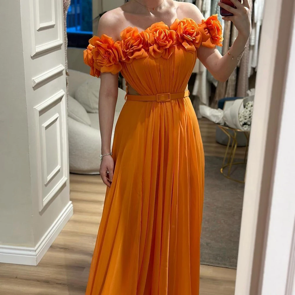 Off the Shoulder Orange Draped Evening Dresses Sleeveless Floor Length Sweep Train 3D Flowers Gowns for Special Event Women 2024