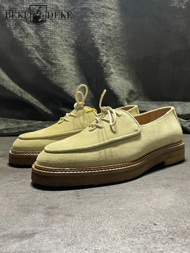 

Мужские новые лоферы из коровьей замши во французском стиле на платформе для отдыха, лаконичные лоферы ручной работы с круглым носком на шнуровке, модельные туфли