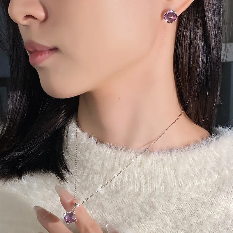 S925 Sterling Silver 2026 Natural Amethyst Sugar Tower Square Necklace for Women Minimalist Versatile Clavicle Chain Clear Fashi