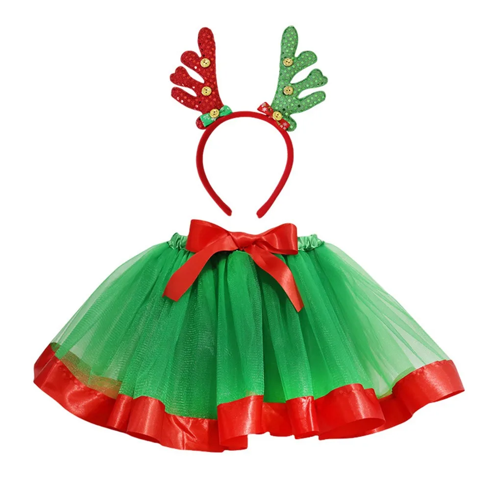 

With Antler Headband Christmas TUTU Skirt Set for Kids 2-Piece Set Mesh Children's Tulle Skirt Girls Performance Outfits