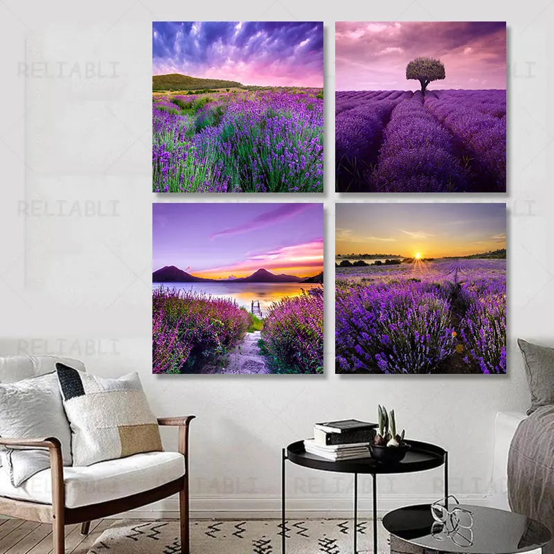 Modern Lavender Field Canvas Painting Purple Flowers Wall Pictures Sunset Landscape Posters and Prints for Living Room Decor