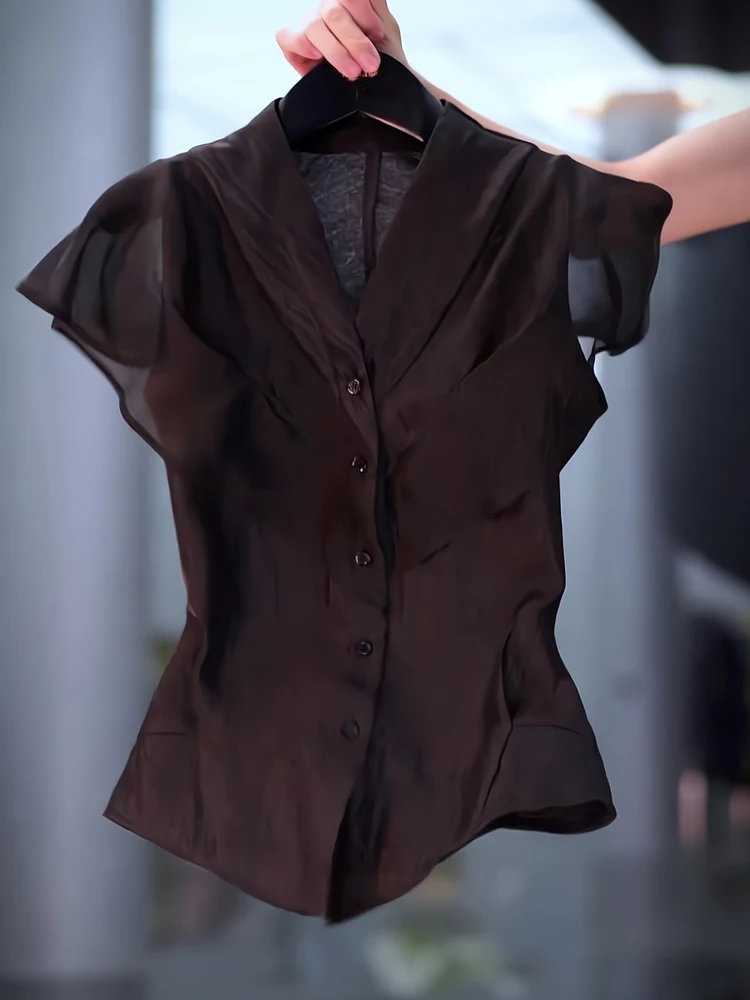 Faionable Summer Commute Slim Fit Chiffon irt with Lace Hemline ort Sve V Ne  Color Korean Sle Workwear