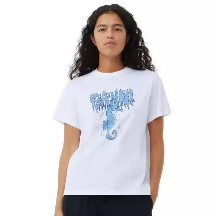 

Nordic Denmark 2024 New Letter Seahorse Logo Printed Casual Round Neck Blouse Short Sleeve T-shirt Women