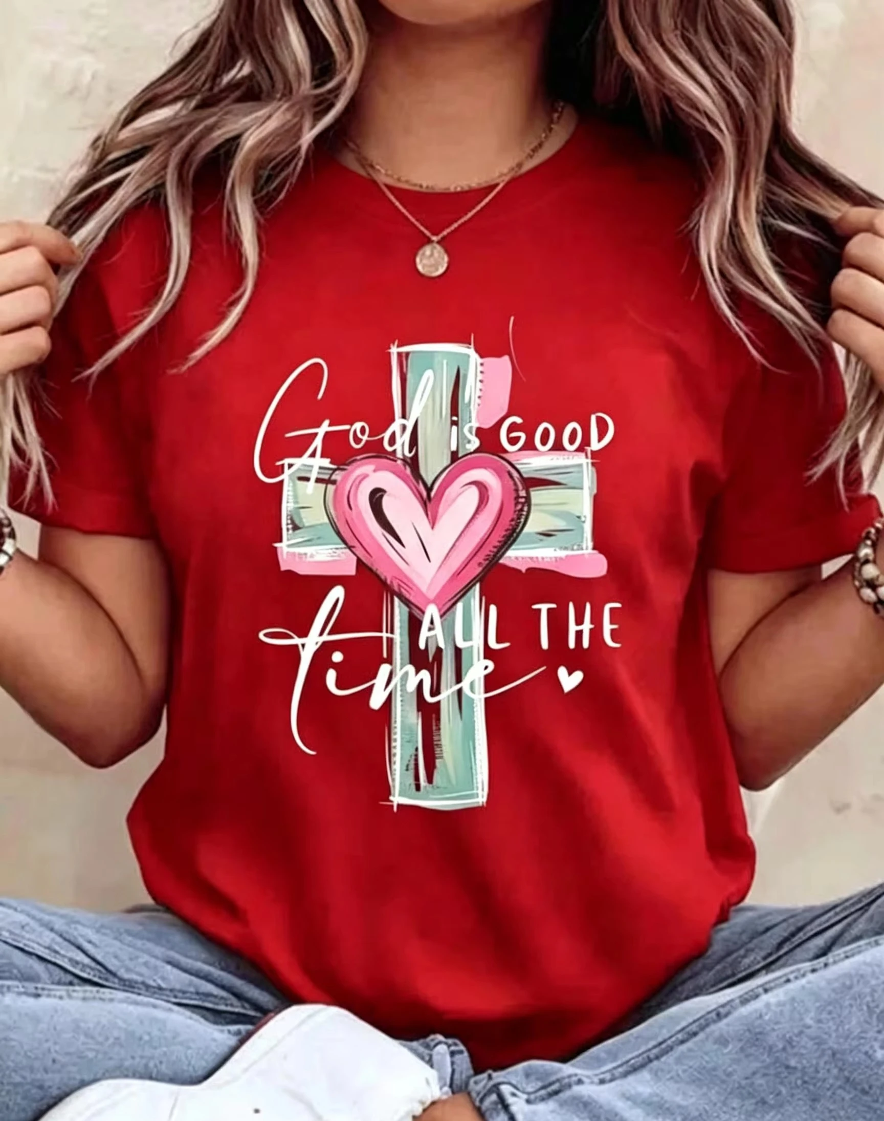 �Gott ist immer gut“ – T-Shirt mit Kreuz- und Herz-Motiv, Sommer-Design, Damen, christliches Motiv, weiches Y2K-Ästhetik-Oberteil, ideal zum Muttertag. – Detail 7