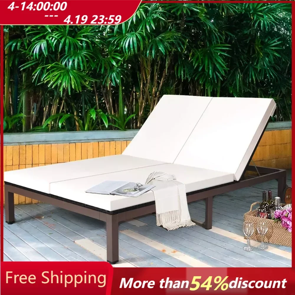 

Outdoor Chaise Lounge Chair, Outdoor Rattan Double Wicker Adjustable Backrest Wheels, Outdoor Chaise Lounge Chair