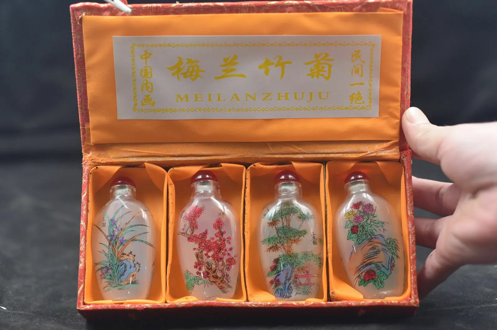4PC Set Chinese inside Painted Merlin Bamboo & Chrysanthemum Design Snuff Bottle Small Glass Bottles for Collectors