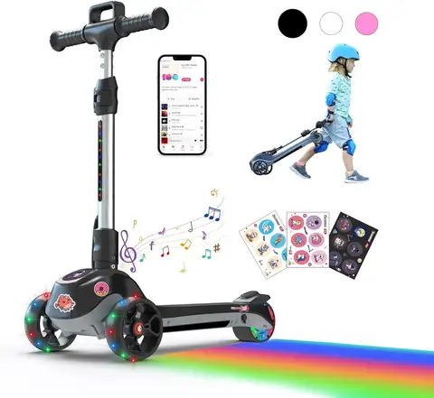 Ik2 Scooter électrique pour enfants âgés de 3 à 6 ans haut-parleur de musique Bluetooth roues lumineuses LED accélérateur de pouce 3 hauteur réglable enfant en bas âge