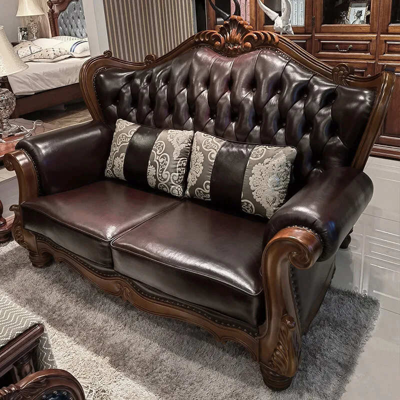 

American living room solid wood sofa walnut color European retro calfskin sofa 123 small apartment sofa combination